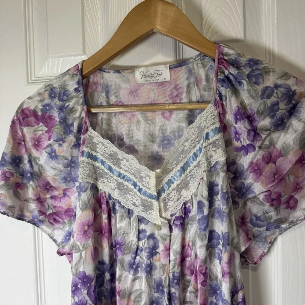 Vanity Fair Midlength Gown SILKY Nylon Nightgown Sz SM Sleeveless FLORAL Vintage